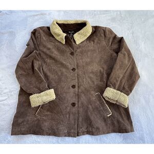 Denim & Co Suede Leather Coat w/ Faux Wool Trim, Brown, Size 3X